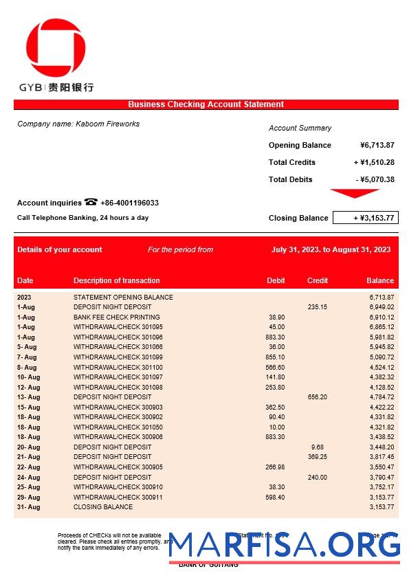 Printable Bank of Guiyang firm account statement Word and PDF template